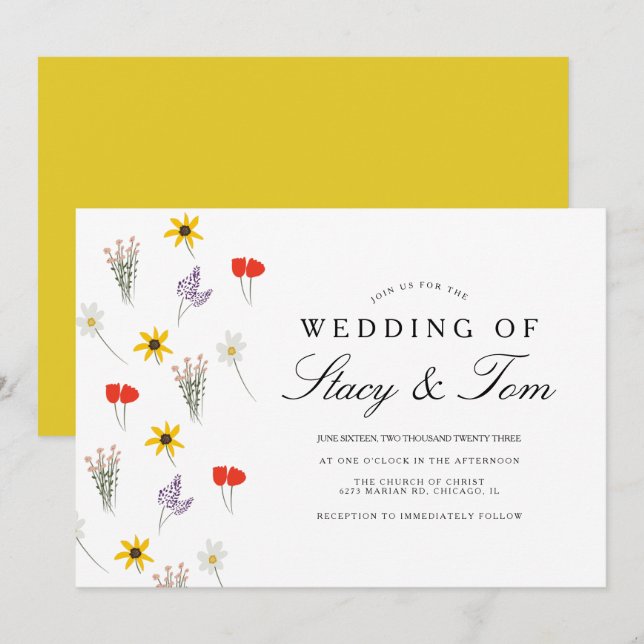 Simple Wildflowers Hand Drawn Wedding  Invitation (Front/Back)