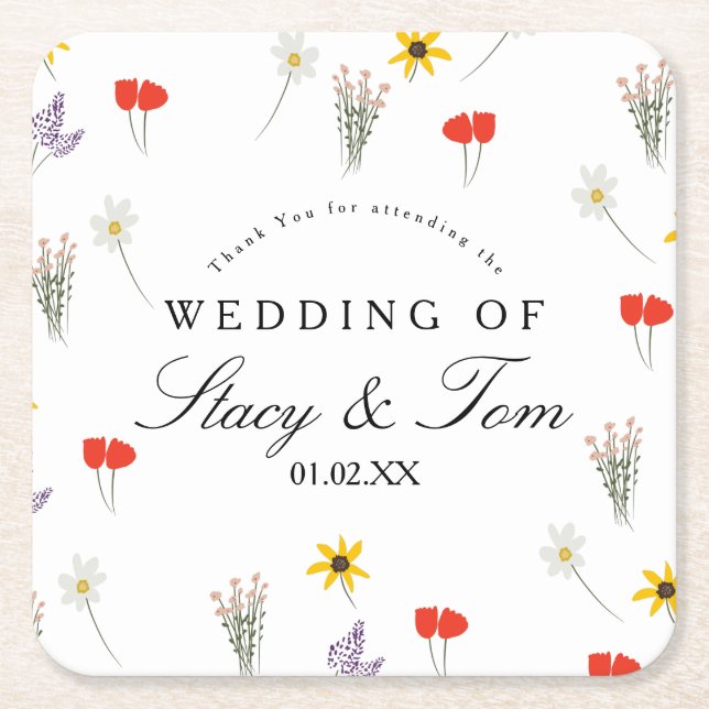 Simple Wildflowers Hand Drawn Wedding Thank You    Square Paper Coaster (Front)