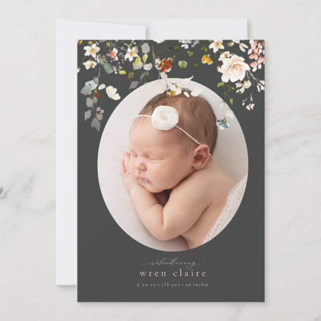 Simple Wildflowers Oval Photo Birth Announcement (Front)