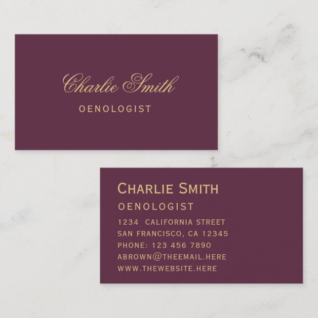 Simple Wine Colour Golden Elegant Script Business  Business Card (Front/Back)