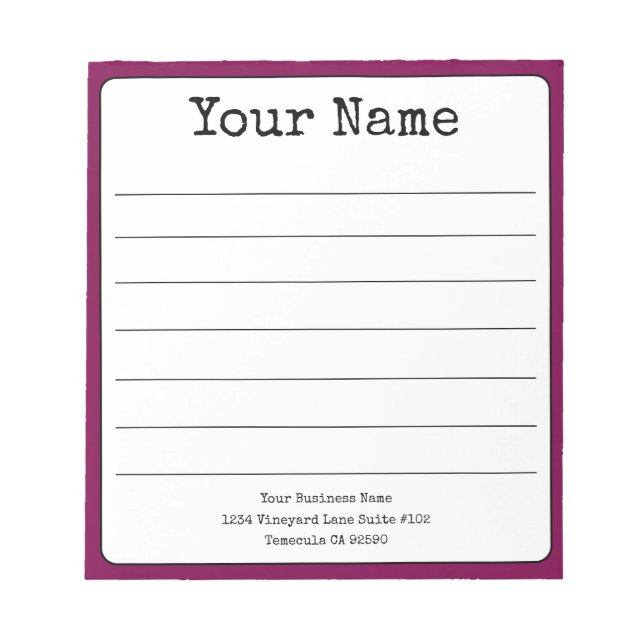 Simple Wine Coloured  Retro Add Your Name Lined  Notepad (Front)