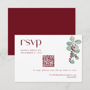 Simple Winter Burgundy Holiday Wedding QR Code RSVP Card