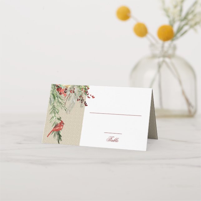 Simple Winter | Cardinal & Greens | Wedding Place Card (Front)