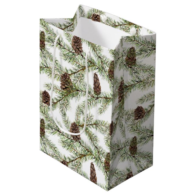 Simple Winter Fir Cone Watercolor Medium Gift Bag (Front Angled)