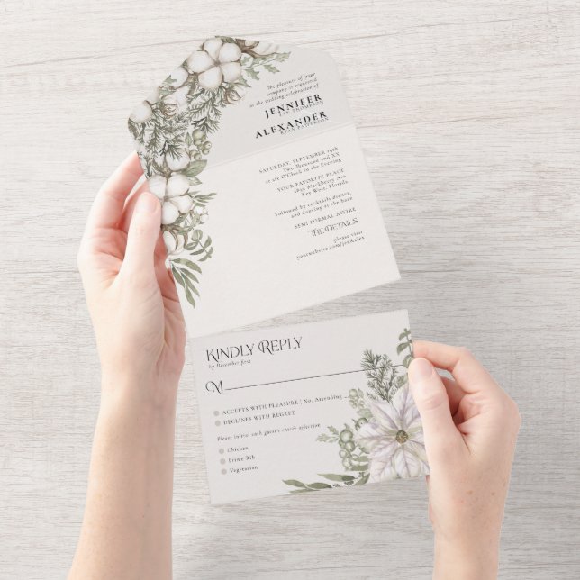 Simple Winter Greenery Ivory Cream Taupe Wedding  All In One Invitation (Tearaway)