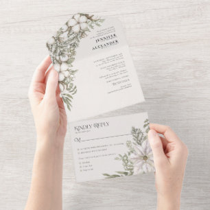 Simple Winter Greenery Ivory Cream Taupe Wedding All In One Invitation