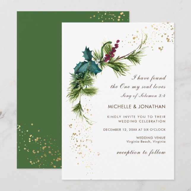 Simple Winter Greenery Modern Christian Wedding Invitation (Front/Back)