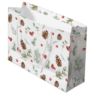 Simple Winter Pine Berry Watercolor Christmas Large Gift Bag