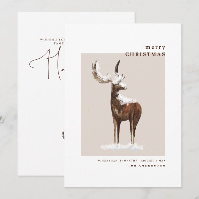Simple Winter Watercolor Woodland Deer Christmas  (Front/Back)