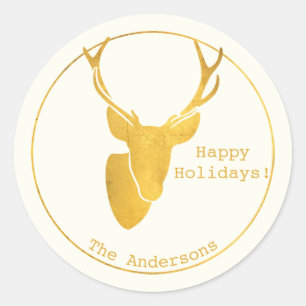 Simple Wishes • Minimalist Gold Deer Christmas Classic Round Sticker