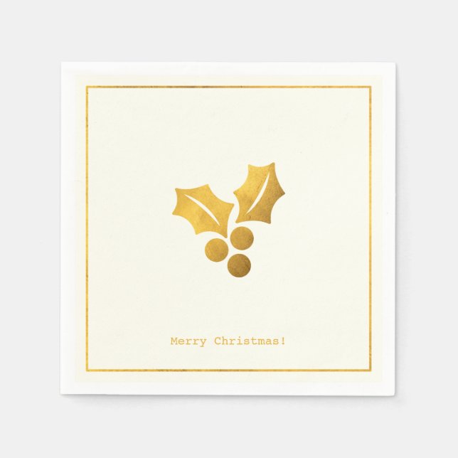 Simple Wishes • Minimalist Gold Holly Christmas Napkin (Front)