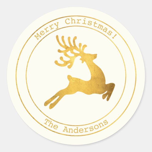 Simple Wishes • Minimalist Gold Reindeer Christmas Classic Round Sticker (Front)