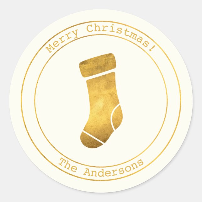 Simple Wishes • Minimalist Gold Stocking Christmas Classic Round Sticker (Front)