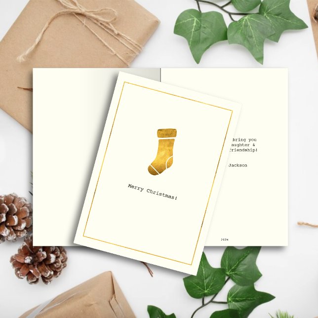 Simple Wishes • Minimalist Gold Stocking Christmas Holiday Card (Creator Uploaded)