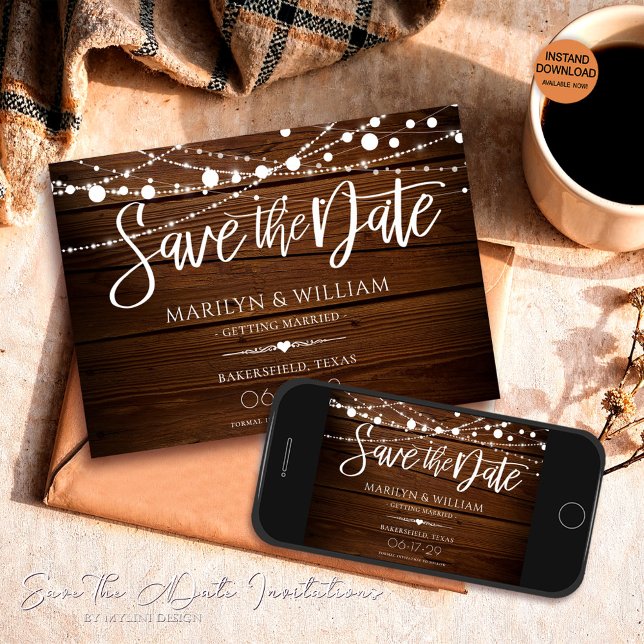 Simple Wood and String Lights Rustic Wedding Save The Date (Creator Uploaded)