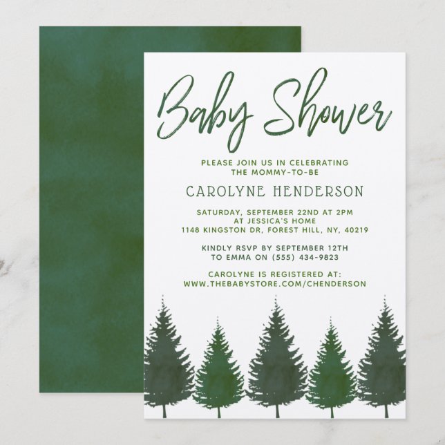 Simple Woodland Pine Trees Greenery Baby Shower Invitation (Front/Back)