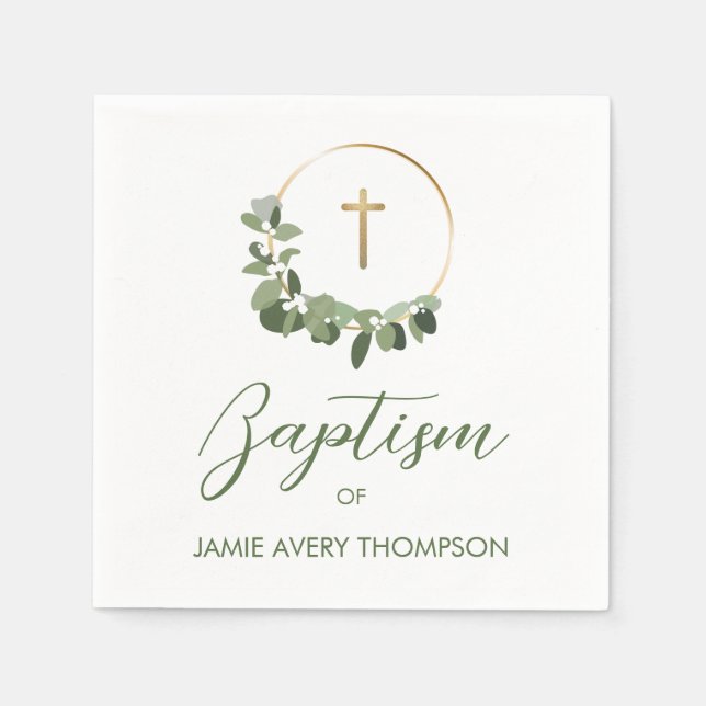 Simple Wreath Eucalyptus Gold Cross Custom Baptism Napkin (Front)
