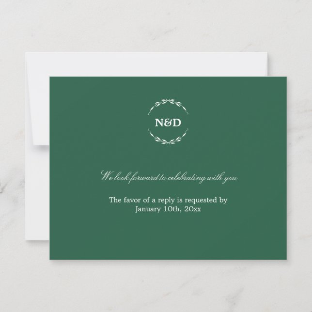 Simple wreath initial green wedding rsvp response invitation (Front)