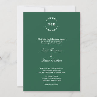 Simple wreath initial monogram evergreen wedding invitation