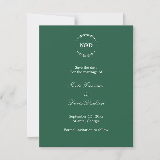 Simple wreath monogram green wedding announcement (Front)
