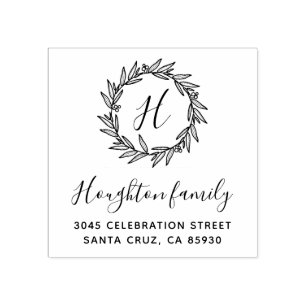 Simple Wreath Monogram Script Return Address Rubber Stamp