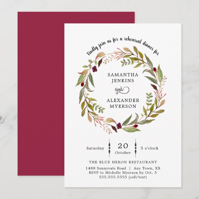 Simple Wreath Wedding rehearsal dinner invitation (Front/Back)