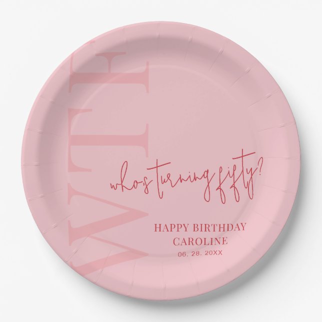 Simple WTF | Pink Red 50th Birthday Paper Plate (Front)