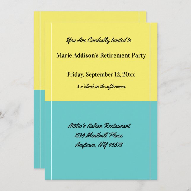 Simple Yellow and Blue Retirement Party Restaurant Invitation (Front/Back)