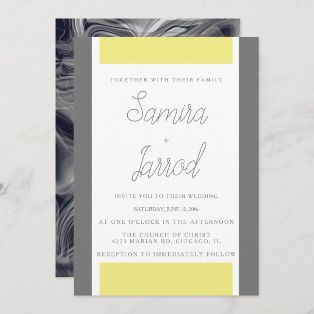 Simple Yellow and Grey Abstract Marble Wedding Invitation (Front/Back)