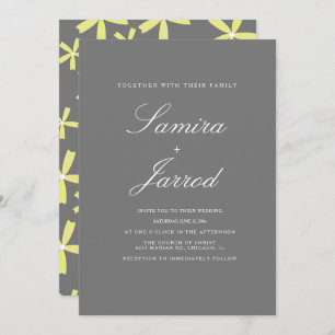 Simple Yellow and Grey Floral Pattern Wedding Invitation