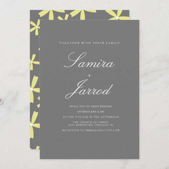 Simple Yellow and Grey Floral Pattern Wedding Invitation (Front/Back)