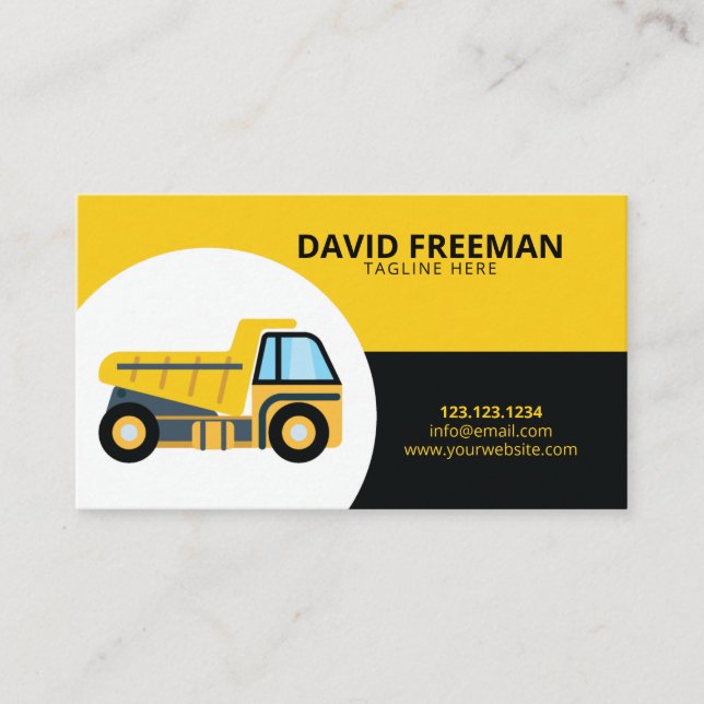 Simple Yellow & Black Dump Truck Construction Business Card (Front)