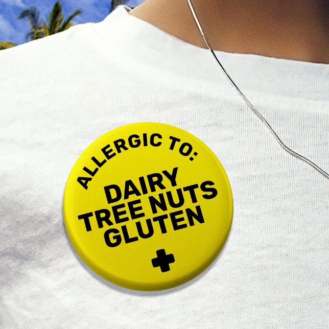 Simple Yellow Black Food Allergy Medical Alert 7.5 Cm Round Badge (Yellow allergy badge that says 'allergic to dairy, tree nuts, gluten')