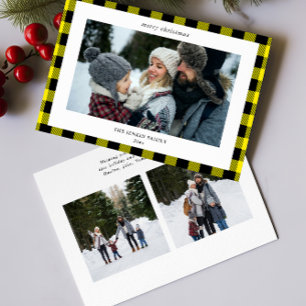 Simple Yellow Black Plaid Border 3 Photo Christmas Holiday Card