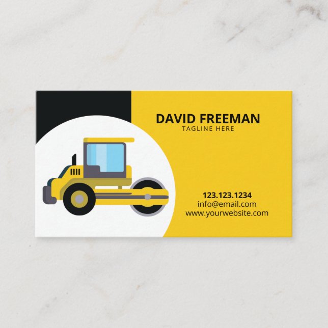 Simple Yellow & Black Road Roller Construction Business Card (Front)
