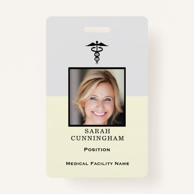 Simple Yellow & Grey Photo Medical ID Badge (Front)