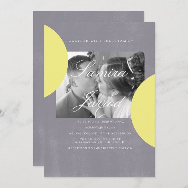 Simple Yellow Grey Stone Concrete Photo Wedding Invitation (Front/Back)