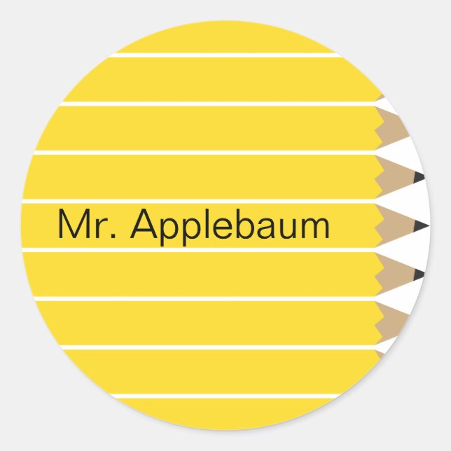 Simple Yellow Pencil Teacher Name Classic Round Sticker (Front)