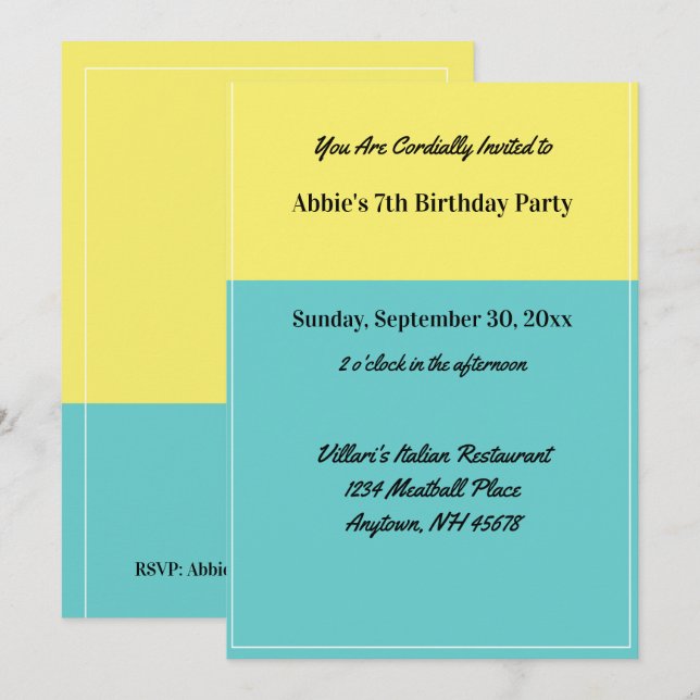 Simple Yellow Pool Blue Birthday Party Restaurant Invitation (Front/Back)