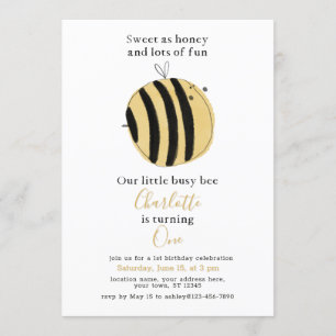 Simple Yellow Watercolor Bee 1st Birthday Invitation