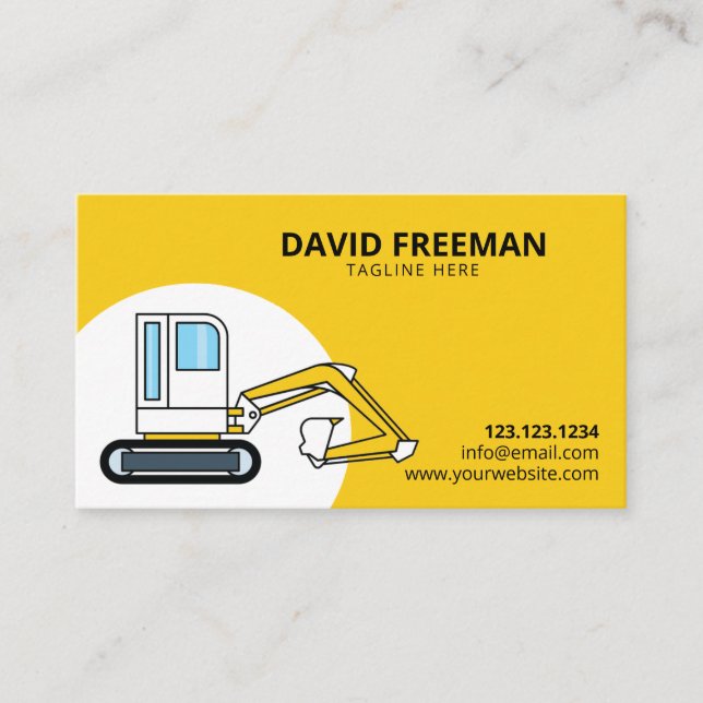 Simple Yellow & White Excavator Construction Business Card (Front)