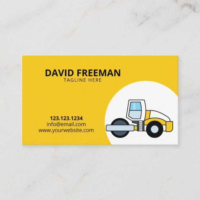 Simple Yellow & White Roller Machine Construction Business Card (Front)