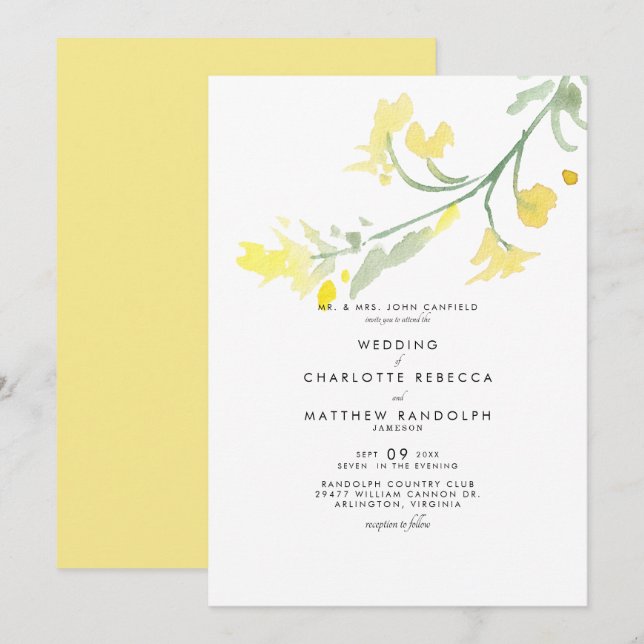 Simple Yellow Wildflower Stem Wedding Invitation (Front/Back)
