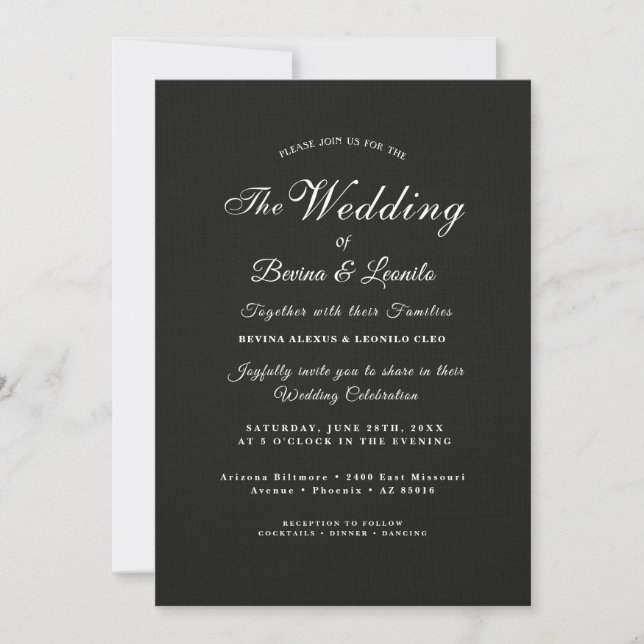Simple Yet Elegant: Black Linen w/ Monogram |  Invitation (Front)