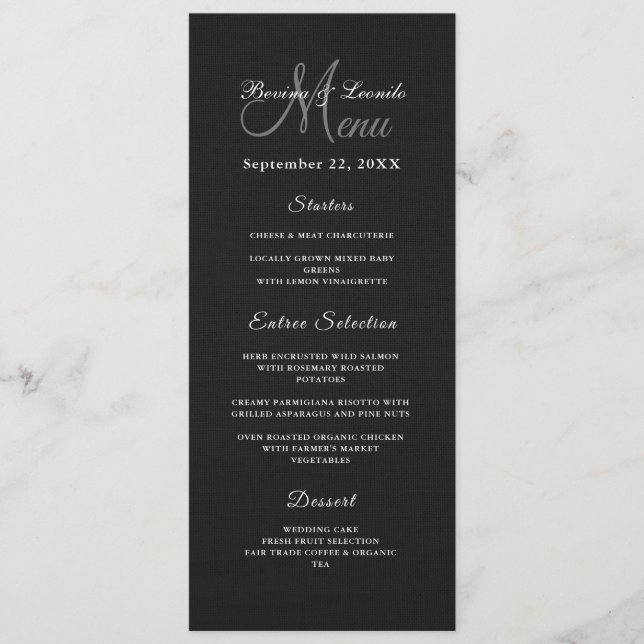 Simple Yet Elegant:Black Linen w/ Monogram Modern  Menu (Front)