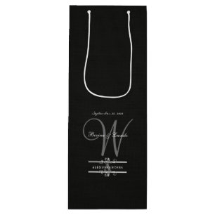 Simple Yet Elegant: Black Linen w/ Monogram   Wine Gift Bag