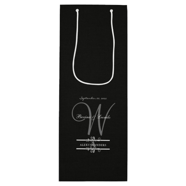 Simple Yet Elegant: Black Linen w/ Monogram   Wine Gift Bag (Front)