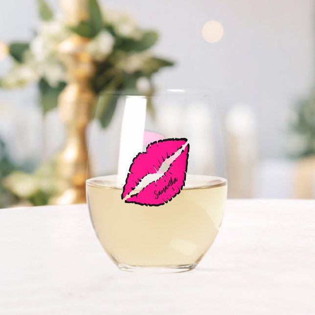 Simple Zebra with Pink Lips Personalised Stemless Wine Glass (Insitu (Wedding))