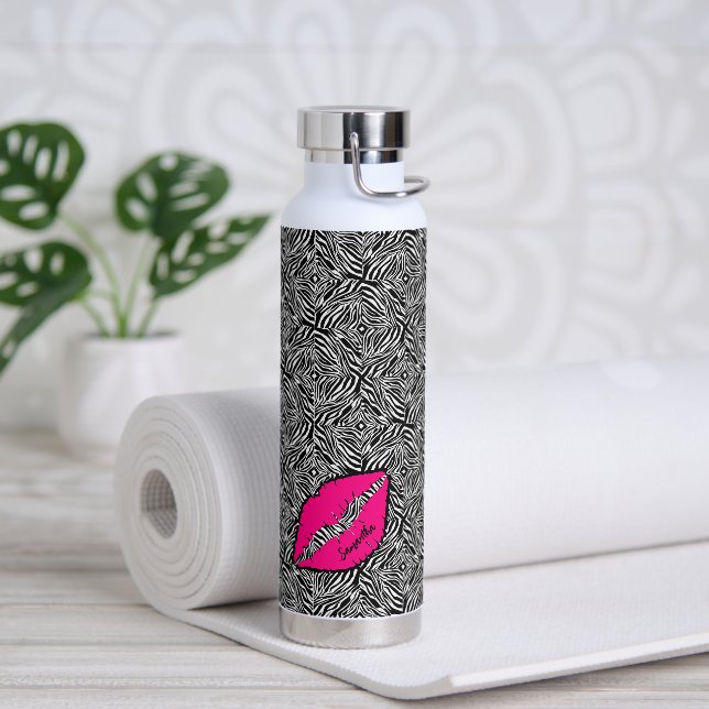 Simple Zebra with Pink Lips Personalised Water Bottle (Yoga)