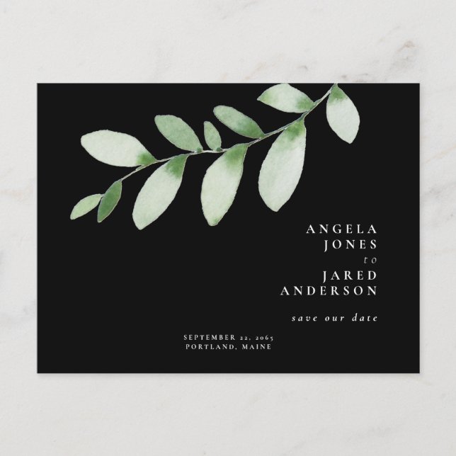 Simplicity & Foliage Black Wedding Save our Date  Postcard (Front)
